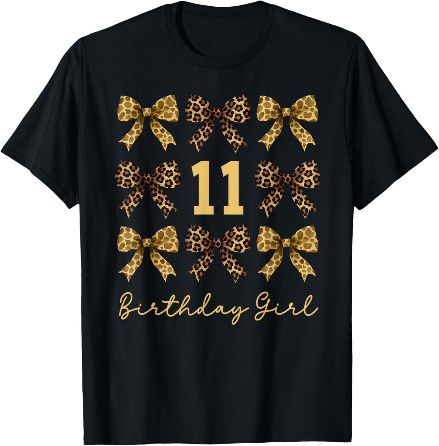 Safari 11th Birthday Girl Coquette Bow Animals Leopard Print T-Shirt - T-Shirt | Black