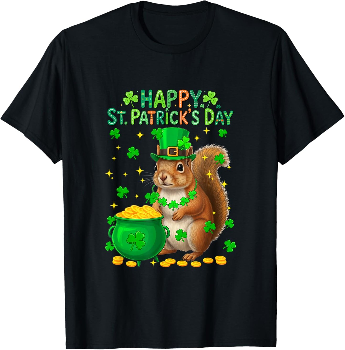 Happy St. Patrick's Day Squirrel Shamrocks Coins Lover Kids T-Shirt - T-Shirt | Black