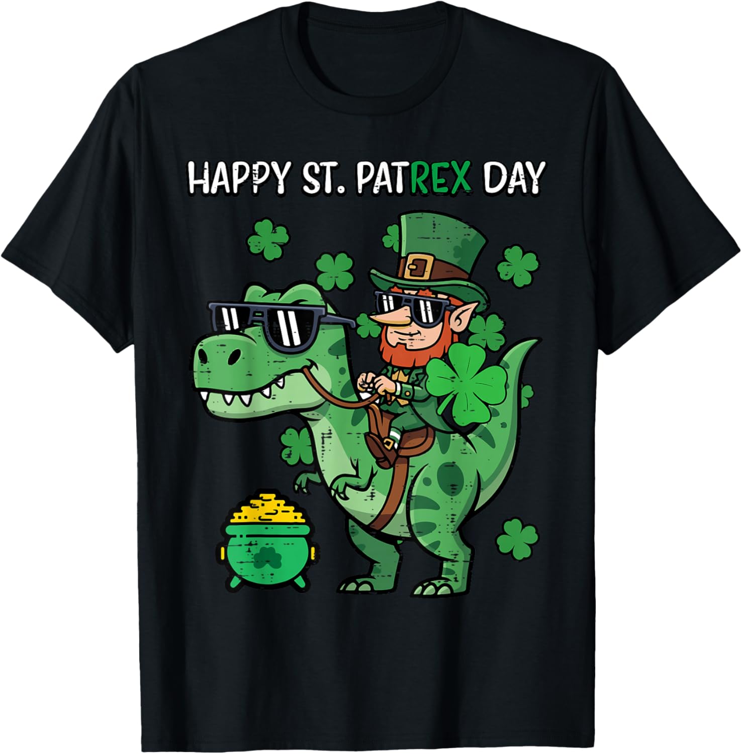 Happy St Patricks Pat Trex Day Dino Saint Pattys Boys Kids T-Shirt - T-Shirt | Black