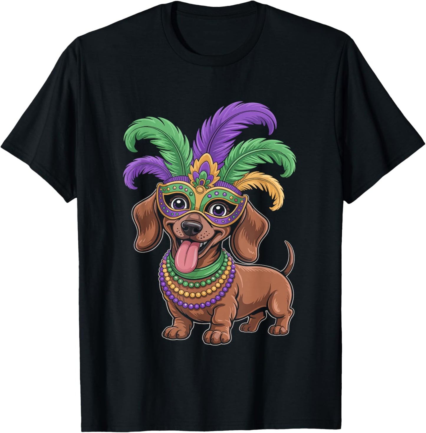 Dachshund Mardi Gras Wearing Costume Beads Mask T-Shirt - T-Shirt | Black
