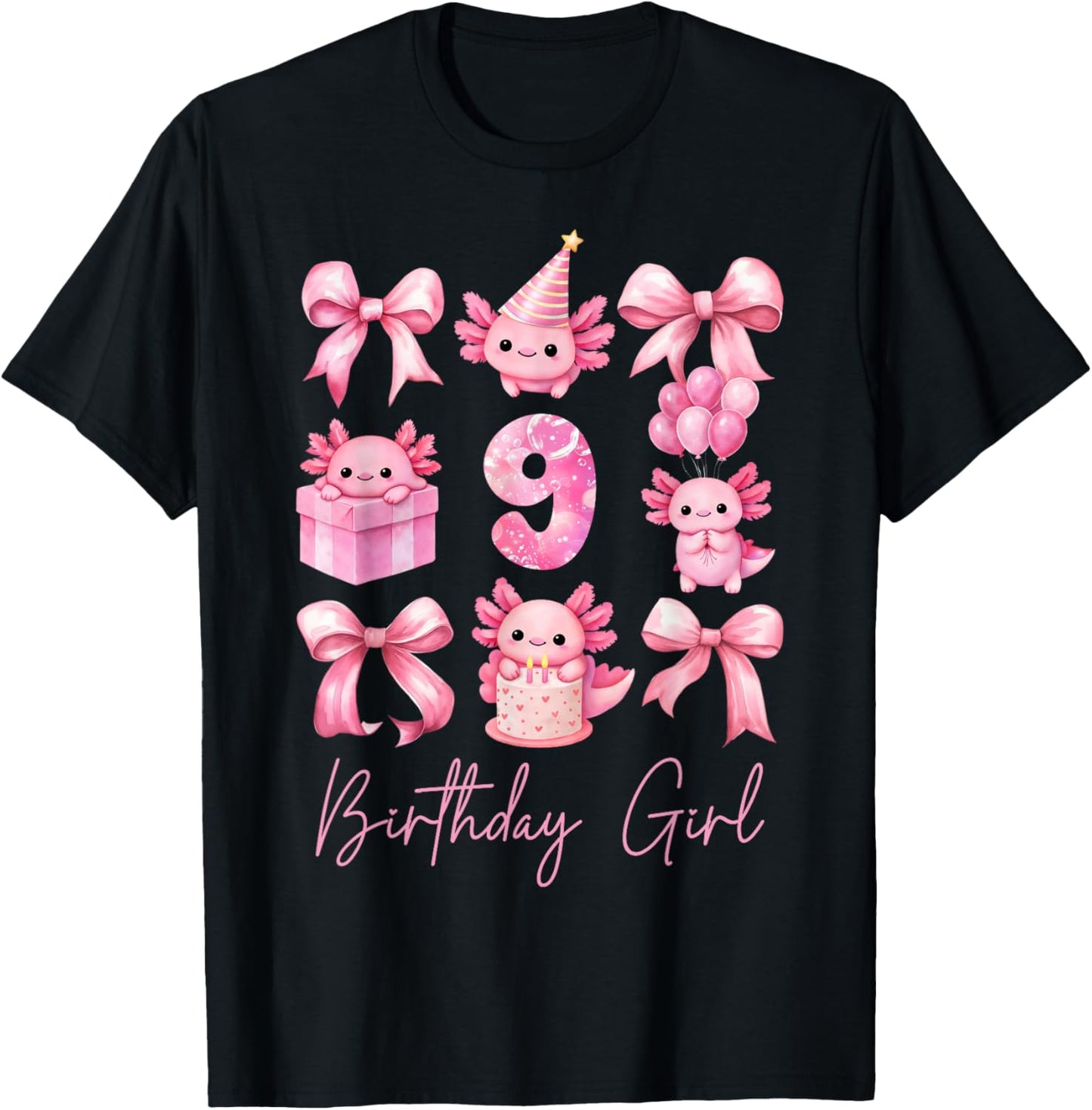 Cute Axolotl 9th Birthday Girl Pink Coquette Bow 9 Year Old T-Shirt - T-Shirt | Black