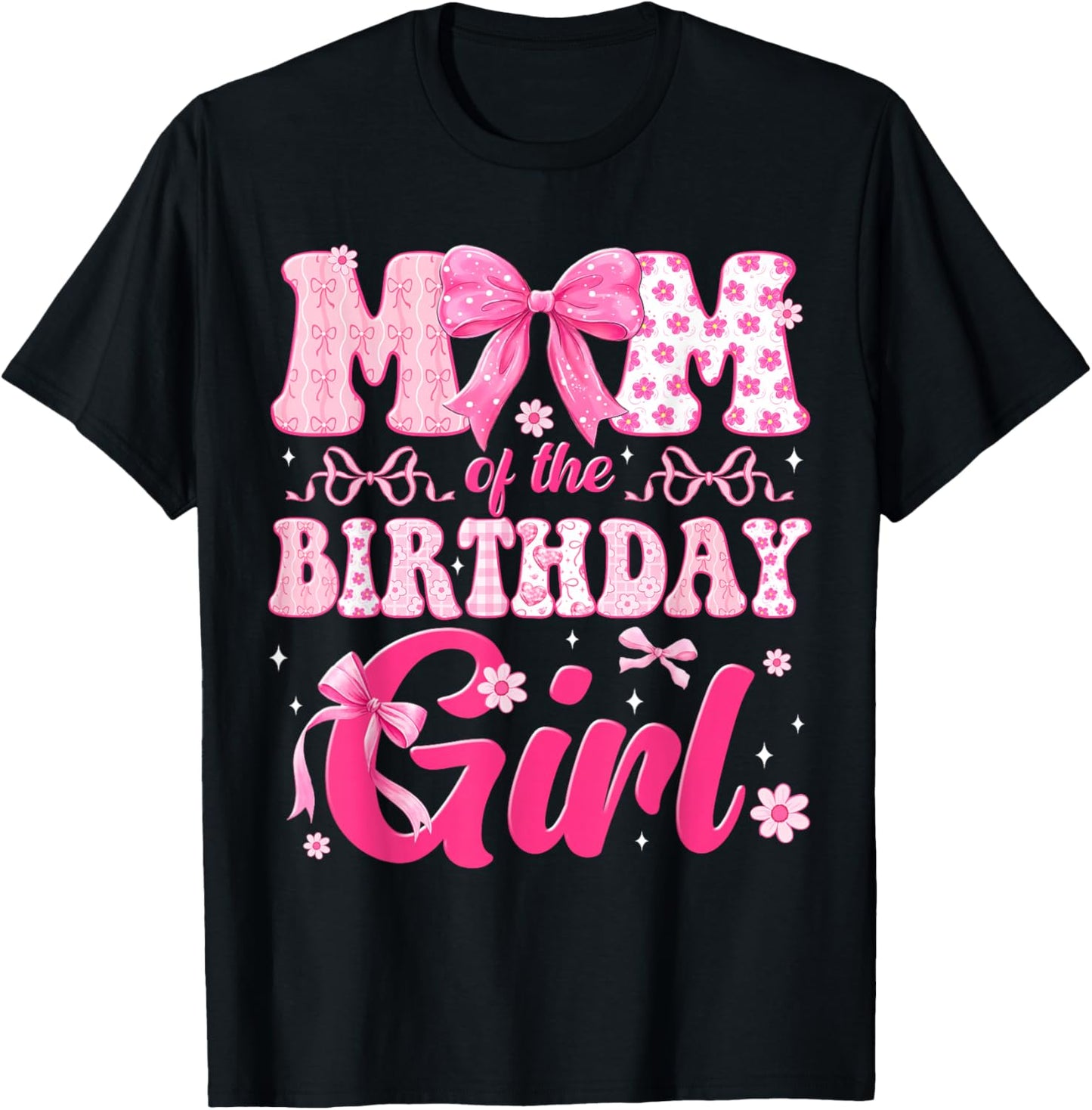 Mom of The Birthday Girl Family Pink Bow Family Party T-Shirt - T-Shirt | Black