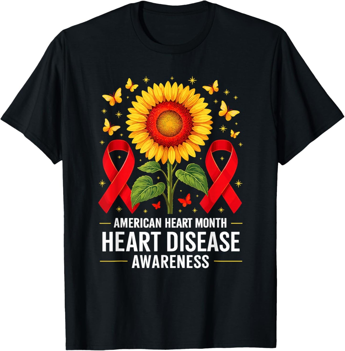 American Heart Disease Awareness Month Ribbon Red Heart T-Shirt - T-Shirt | Black