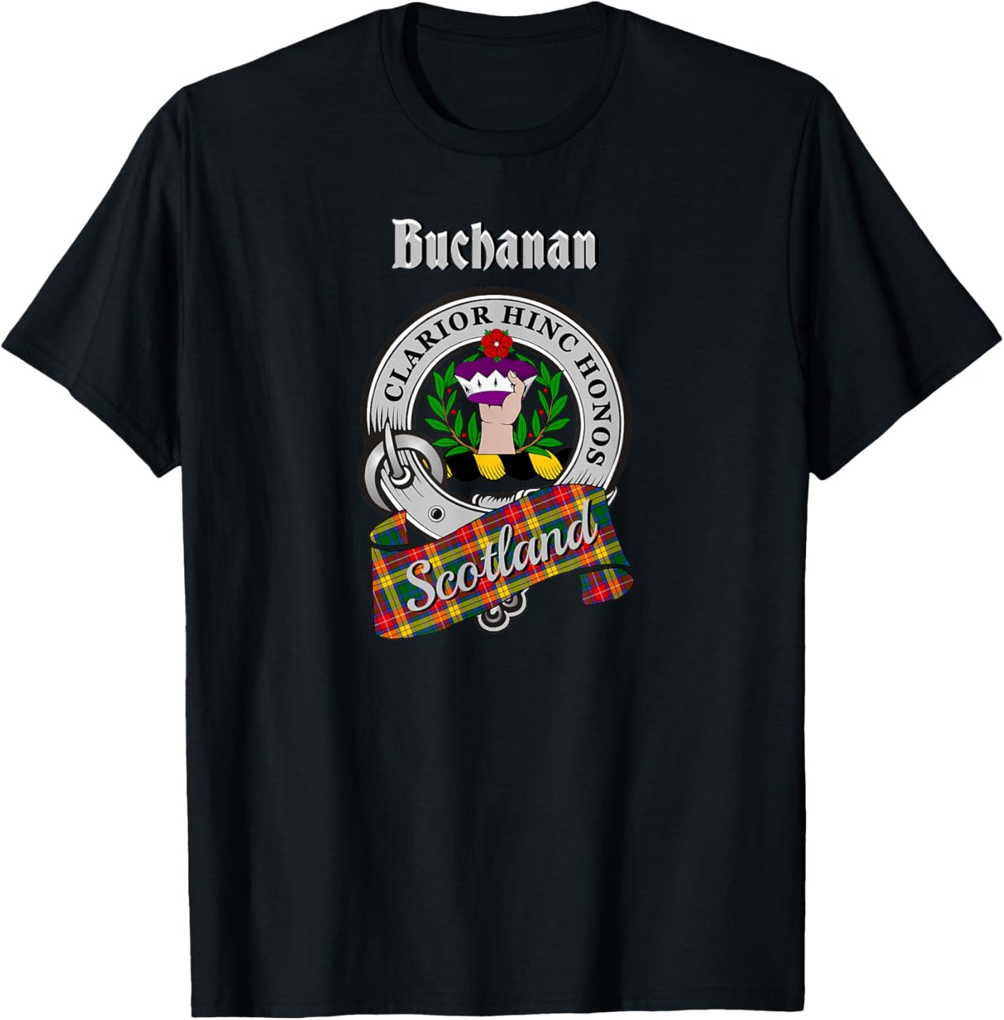 Buchanan Scottish Clan Badge & Tartan T-Shirt - T-Shirt | Black