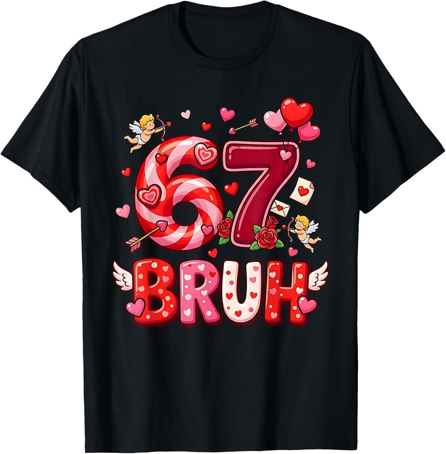 Six Seven 67 Bruh Meme Cool Valentine’s Day Heart Boys Kids T-Shirt - T-Shirt | Black
