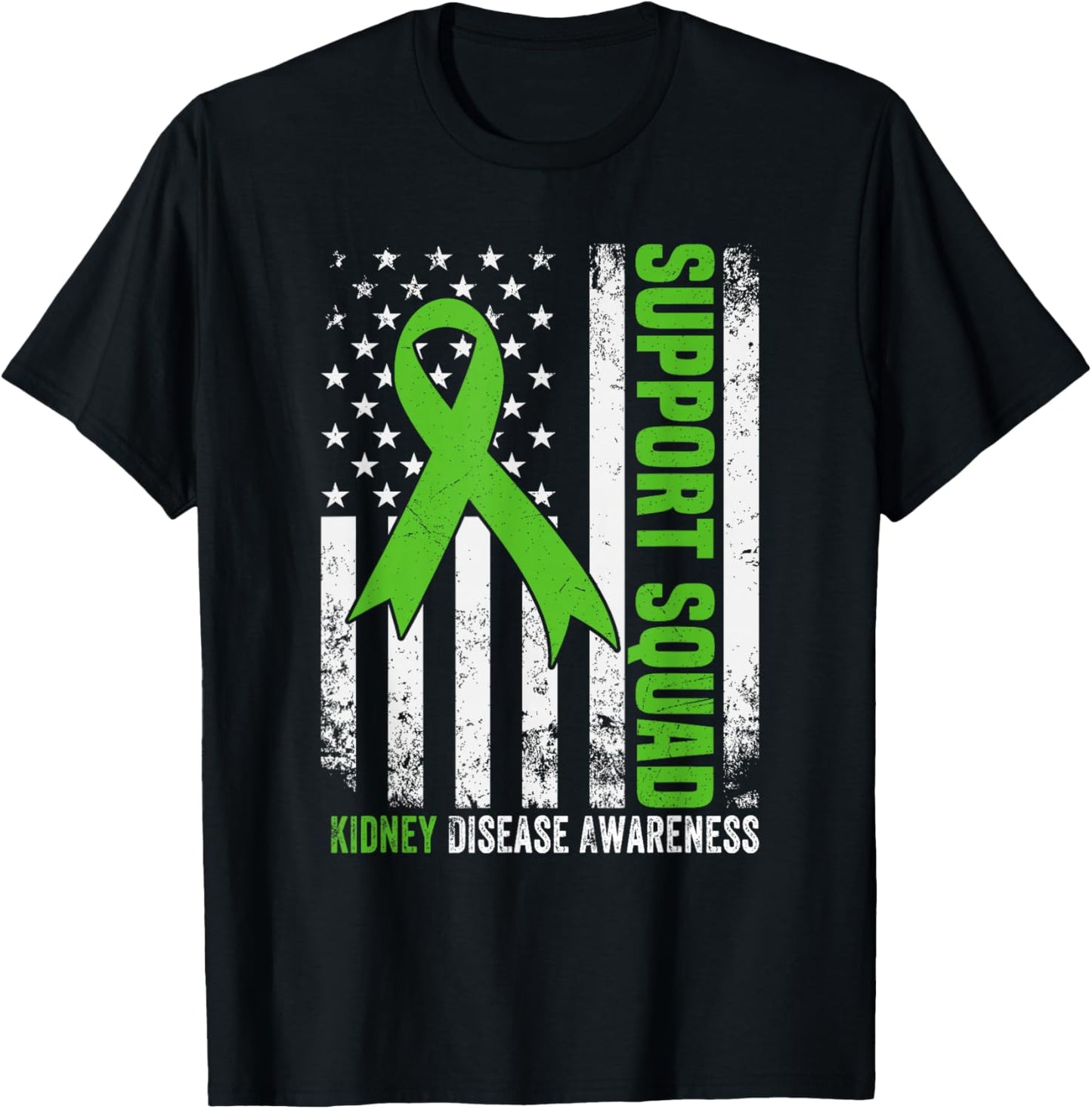 Support Squad American Flag Green Ribbon USA Kidney Disease T-Shirt - T-Shirt | Black