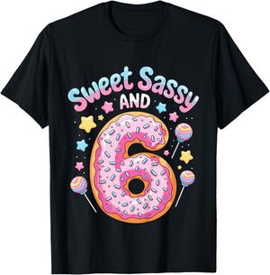 Kids 6th Birthday Girl Sweet Sassy and 6 Donut T-Shirt - T-Shirt | Black
