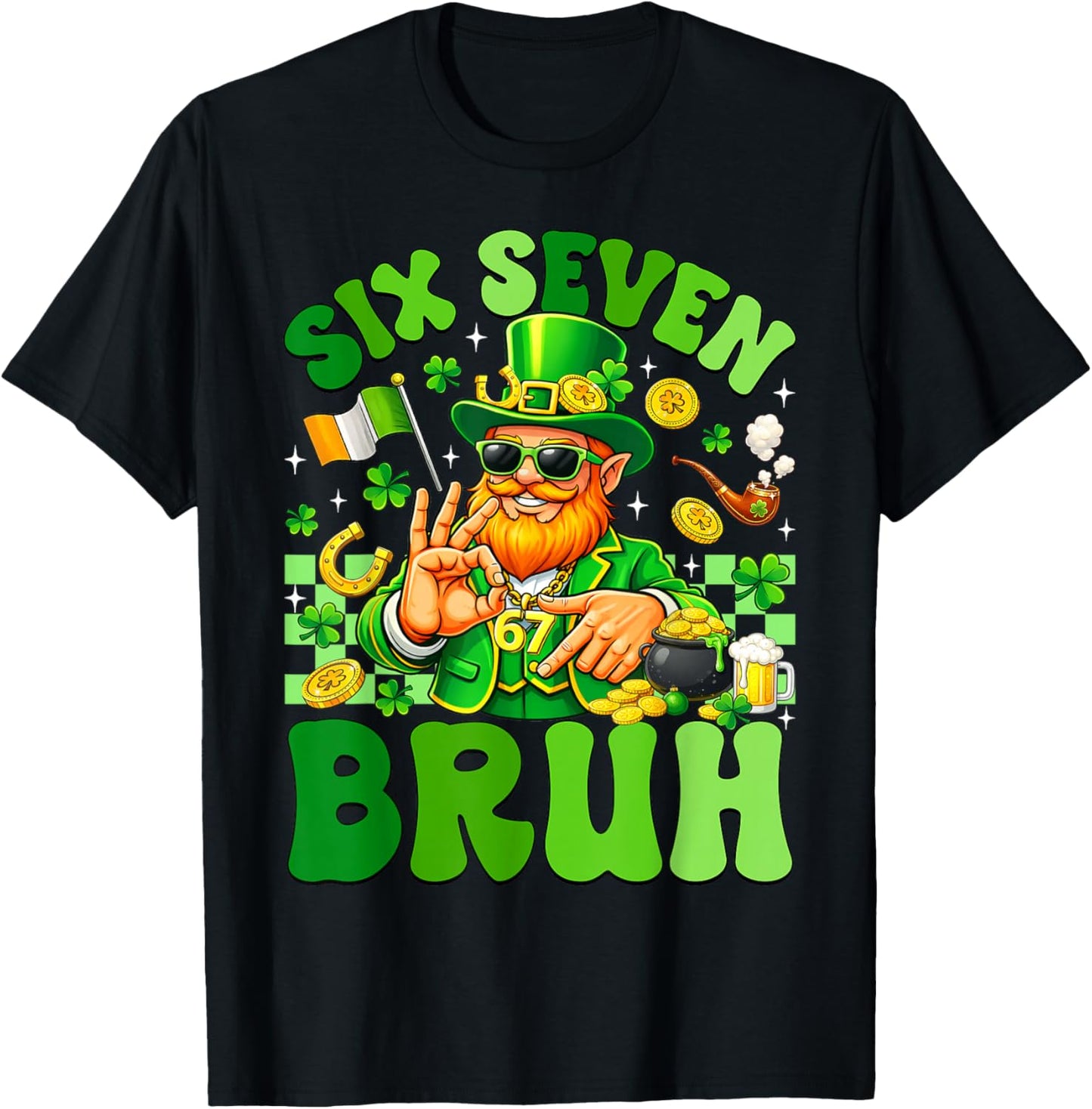 Six Seven Meme Leprechaun 6 7 Bruh St Patricks Day Boys Men T-Shirt - T-Shirt | Black