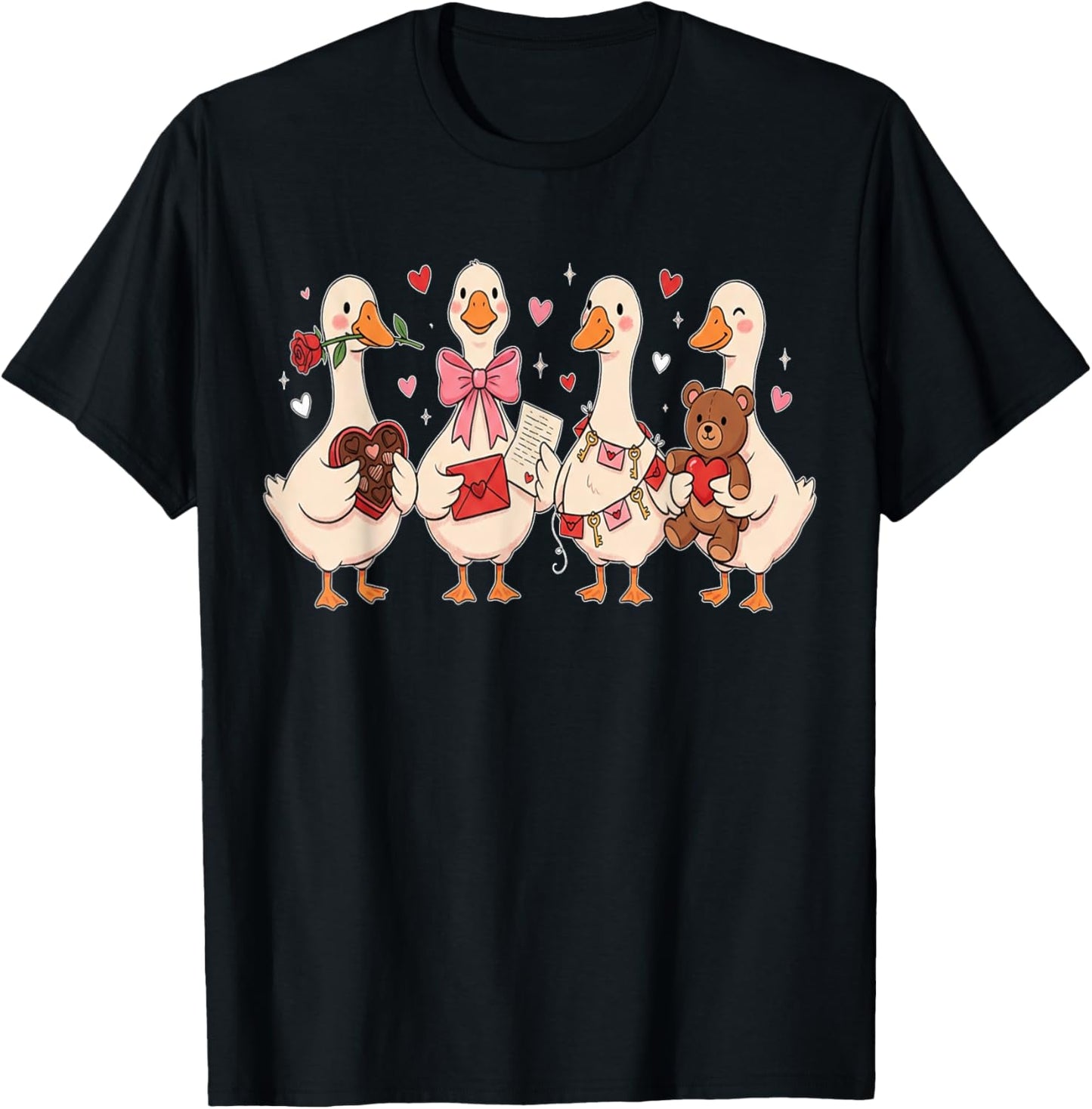 Cute Goose Valentine Girl Hearts Women Happy Valentines T-Shirt - T-Shirt | Black