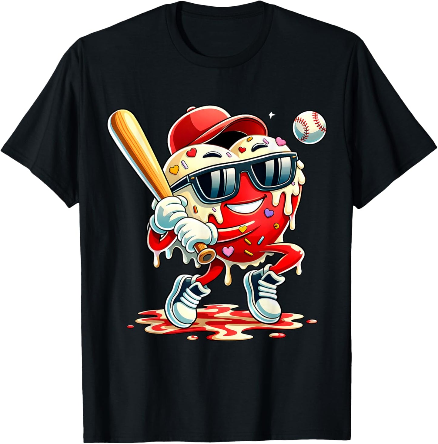 Valentines Day Heart Baseball Drip Ice Cream Boys Kids Men T-Shirt - T-Shirt | Black
