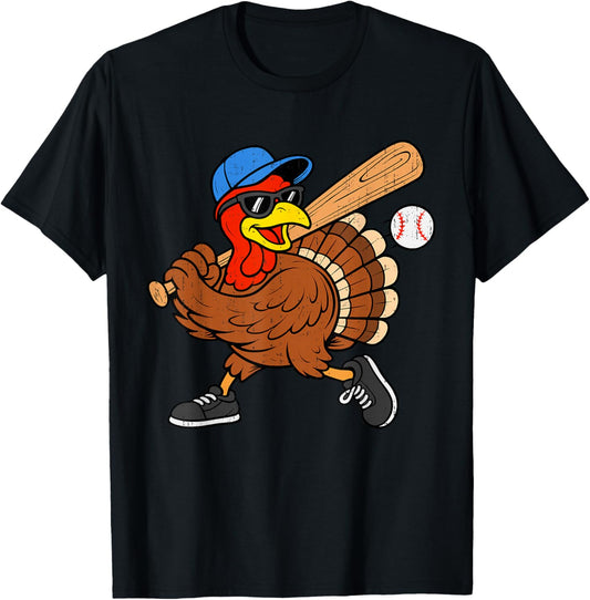 Funny Turkey Baseball Thanksgiving Sports Humor Men Boy Kids T-Shirt - T-Shirt | Black