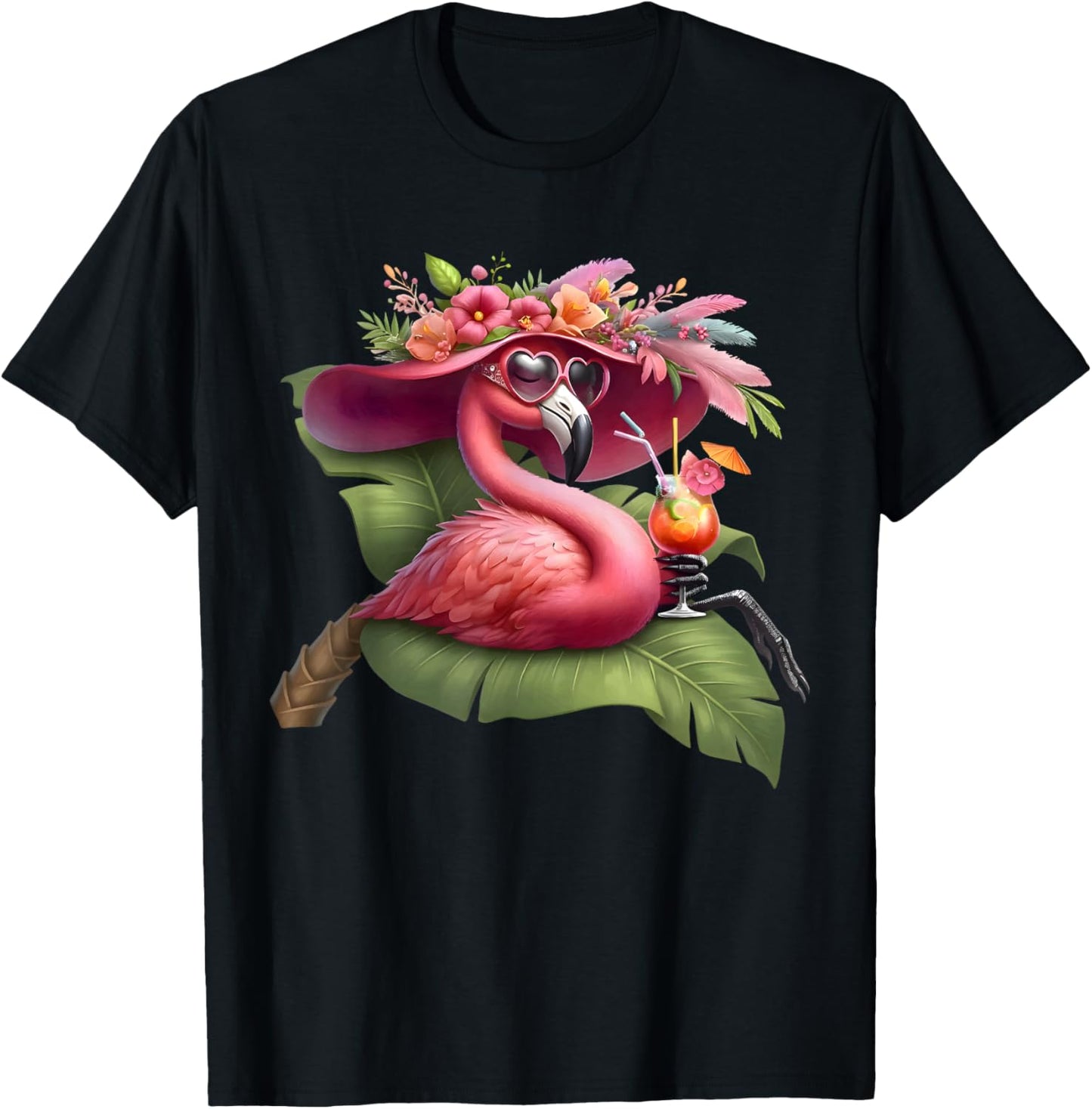 Flamingo Pink Palm Tree Tropical Beach Summer Vacation Women T-Shirt - T-Shirt | Black