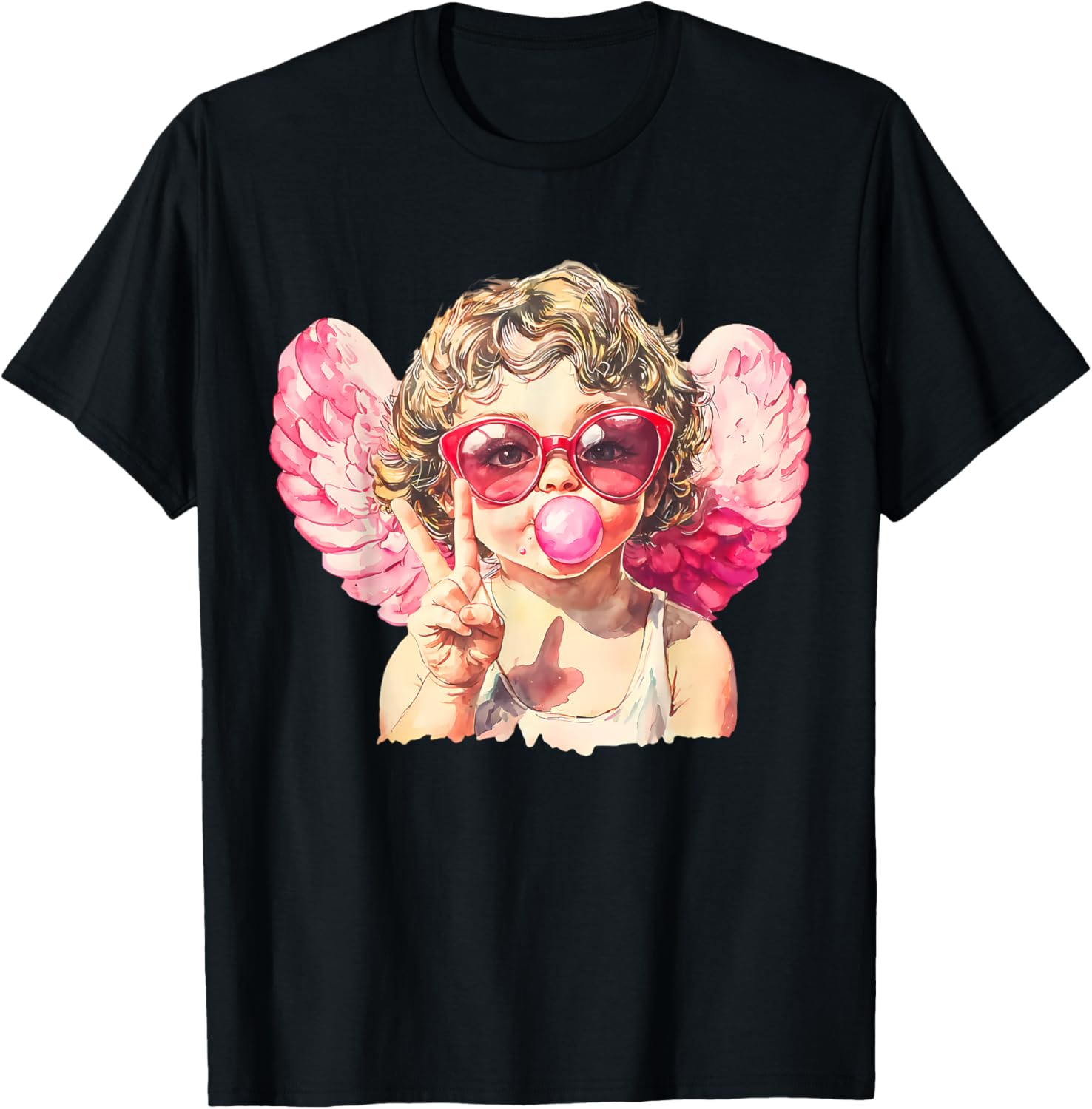 Pink Funny Sunglasses Cupid Blowing Bubble Gum Valentines T-Shirt - T-Shirt | Black
