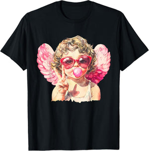 Pink Funny Sunglasses Cupid Blowing Bubble Gum Valentines T-Shirt - T-Shirt | Black