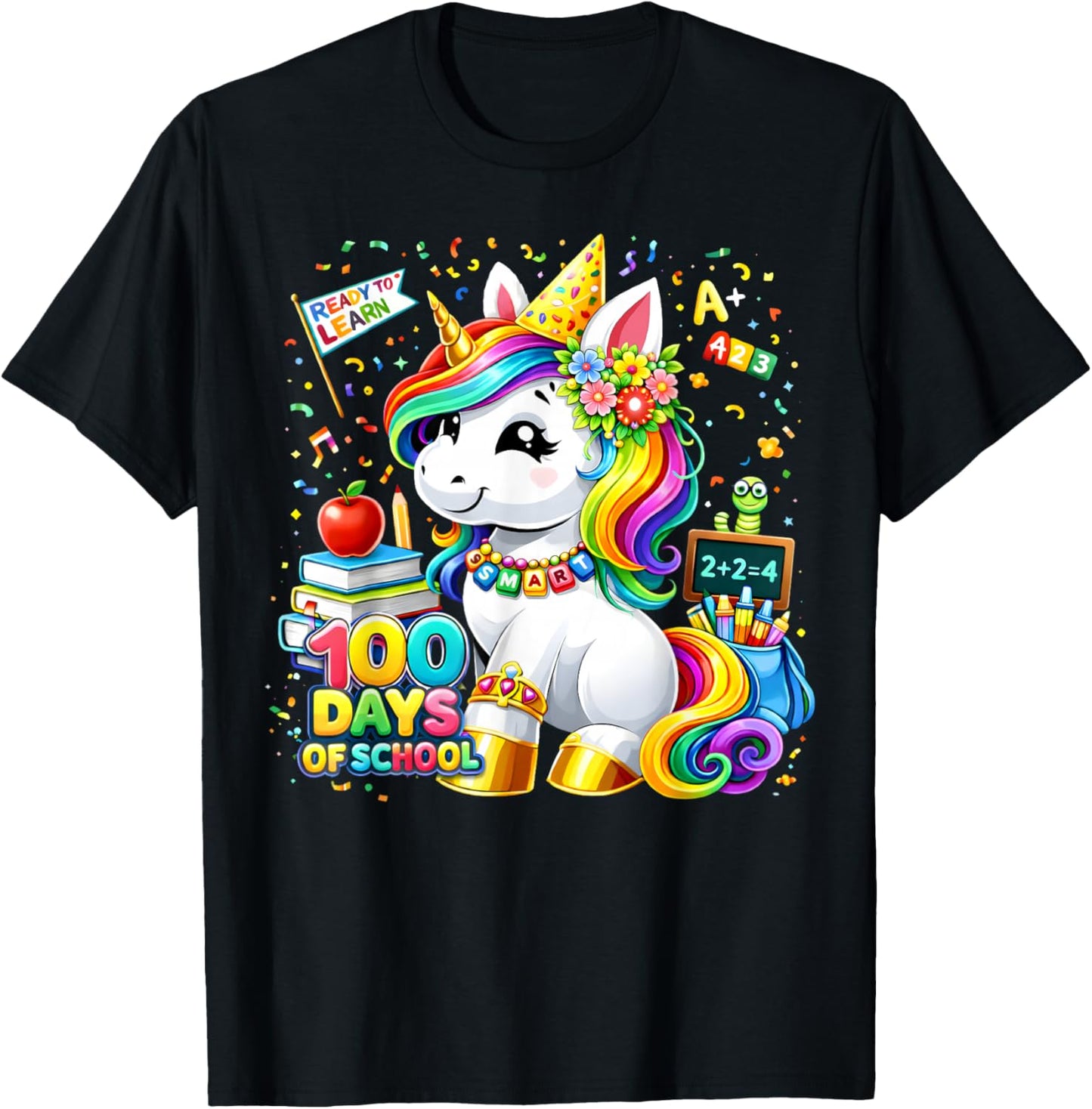 Cute Unicorn 100 Days of School Smarter 100th Day Girls Kids T-Shirt - T-Shirt | Black