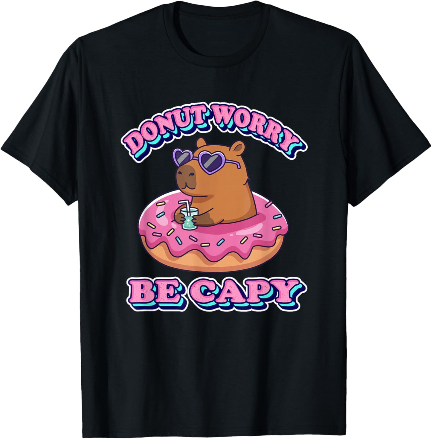 Kawaii Kids Girls Donut Don't Worry Be Capy Lover T-Shirt - T-Shirt | Black