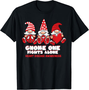 Heart Disease Awareness Gnome One Fights Alone Wear Red T-Shirt - T-Shirt | Black