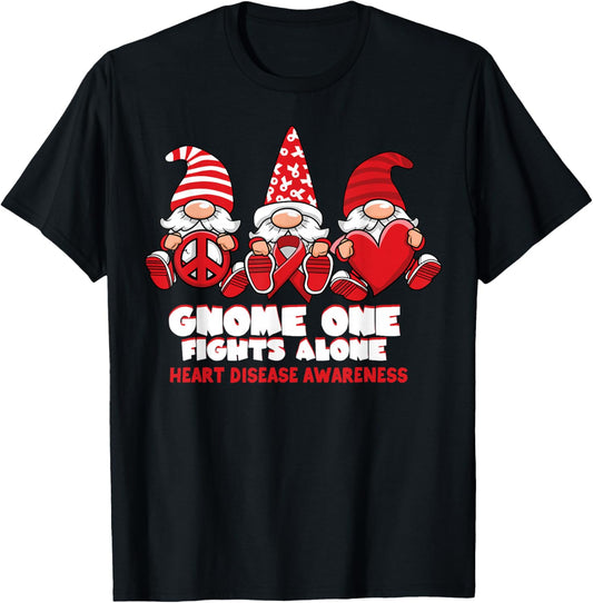 Heart Disease Awareness Gnome One Fights Alone Wear Red T-Shirt - T-Shirt | Black