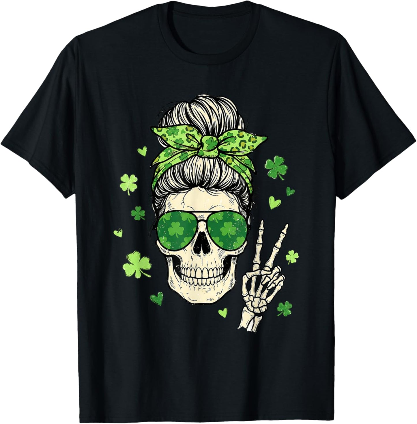 Skull Sunglass Messy Bun Irish Funny St Patrick's Day Women T-Shirt - T-Shirt | Black