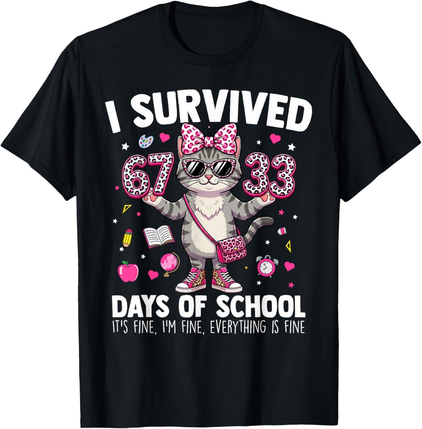 I Survived 67 33 Days of School Teacher Kids Girls 100th Day T-Shirt - T-Shirt | Black