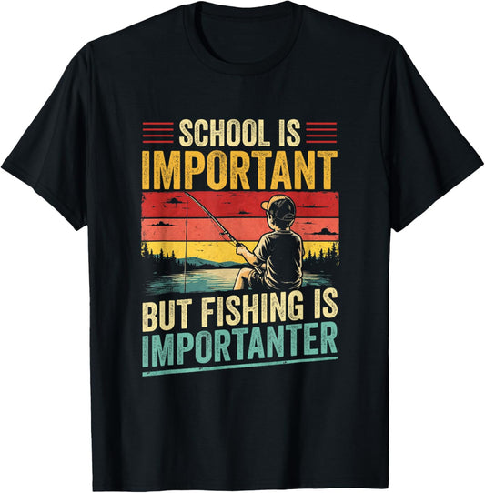 Boys Fishing Shirt School is Important Fishing Importanter T-Shirt - T-Shirt | Black