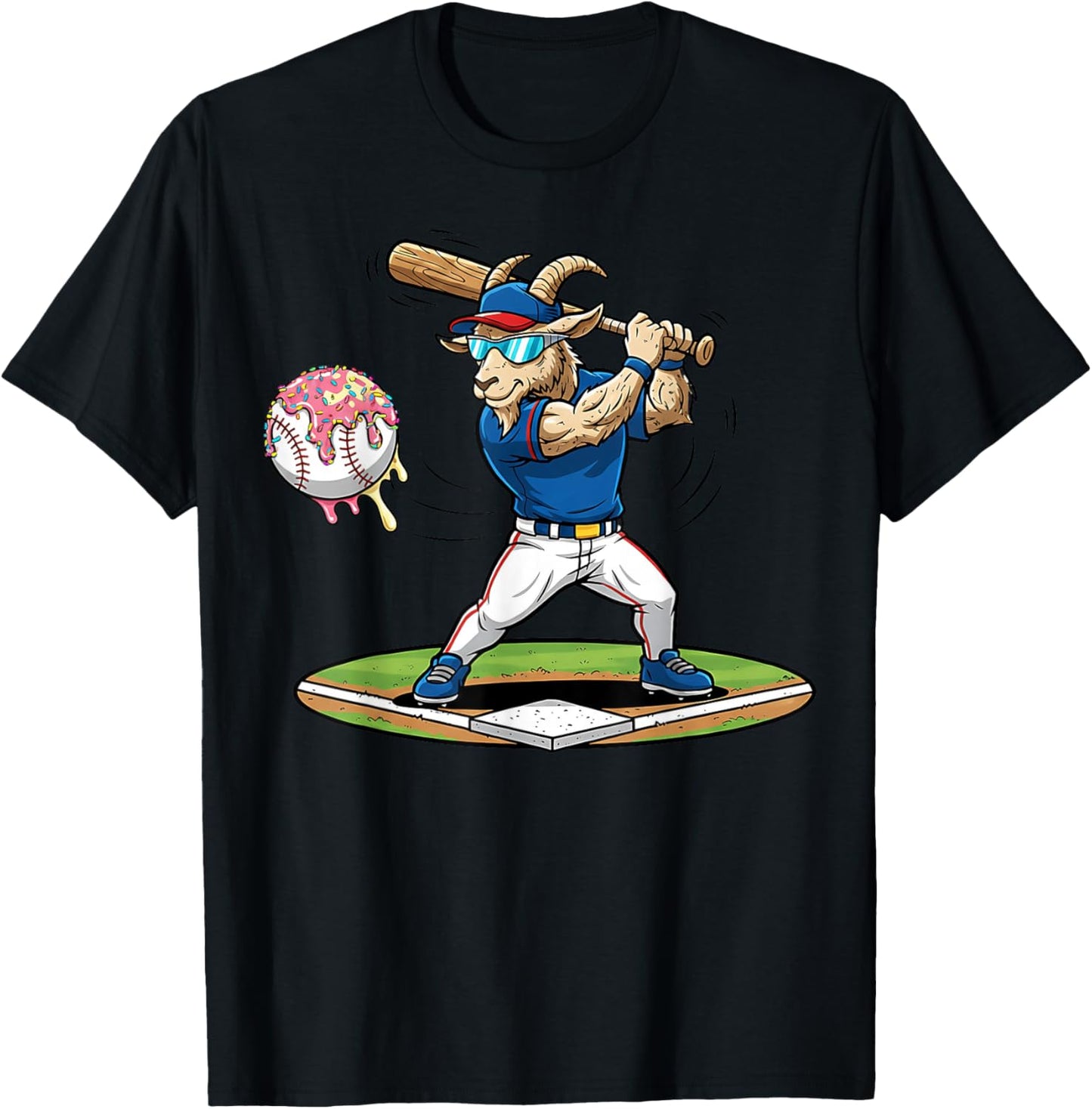 Goat Baseball Player with Bat and Ball Drip Animal Sports T-Shirt - T-Shirt | Black