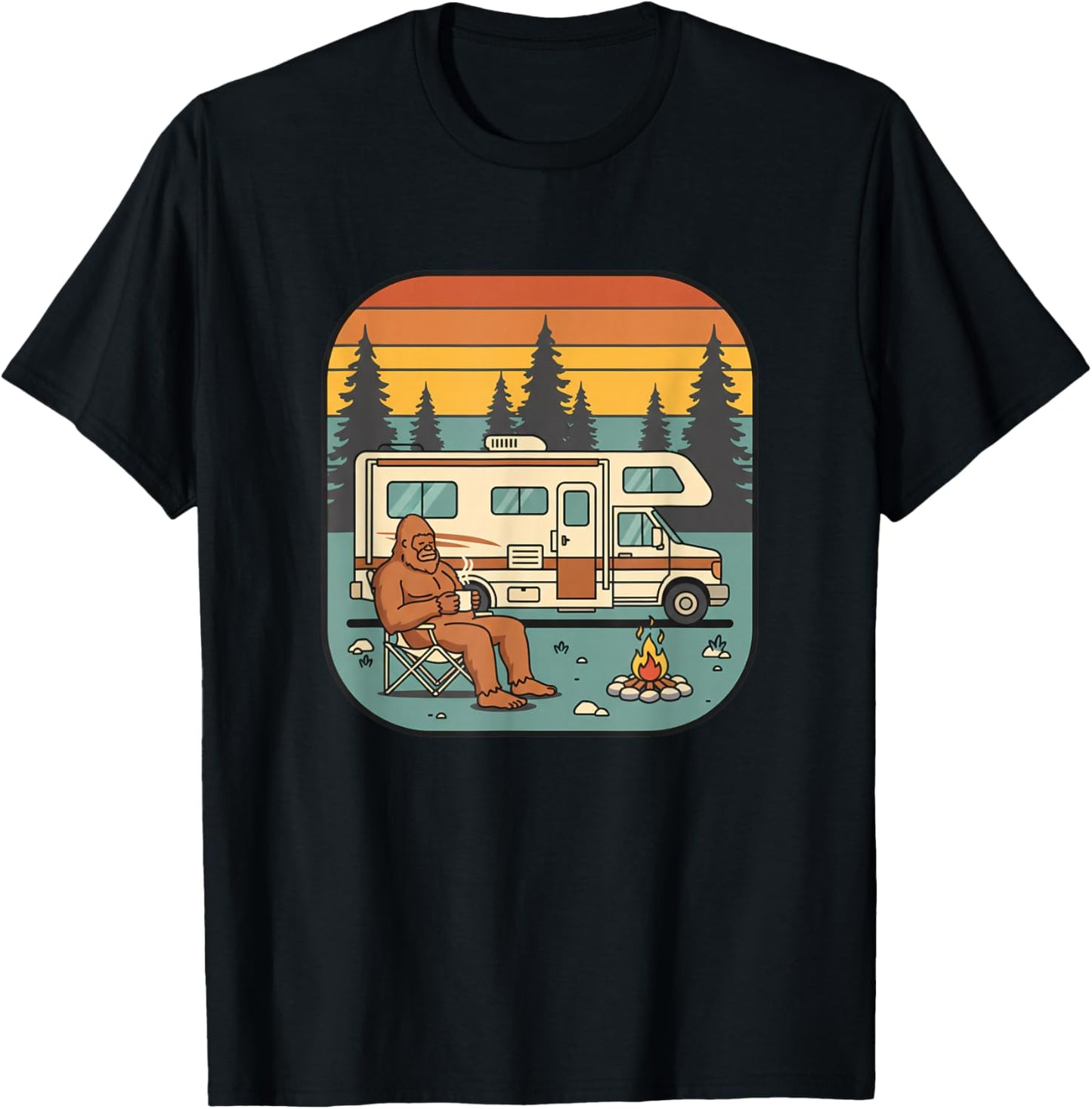 Bigfoot Camping Rv Campfire Forest Sasquatch Outdoors Retro T-Shirt - T-Shirt | Black
