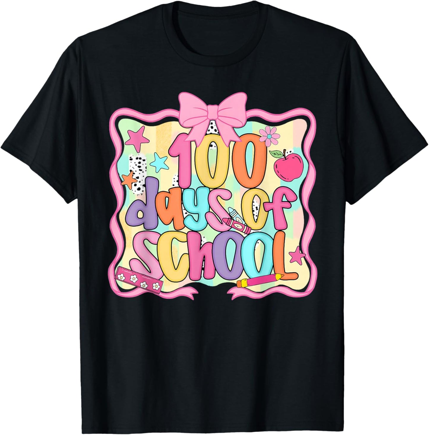 Preppy 100th Day of School 100 Days Teacher Kid Coquette Bow T-Shirt - T-Shirt | Black