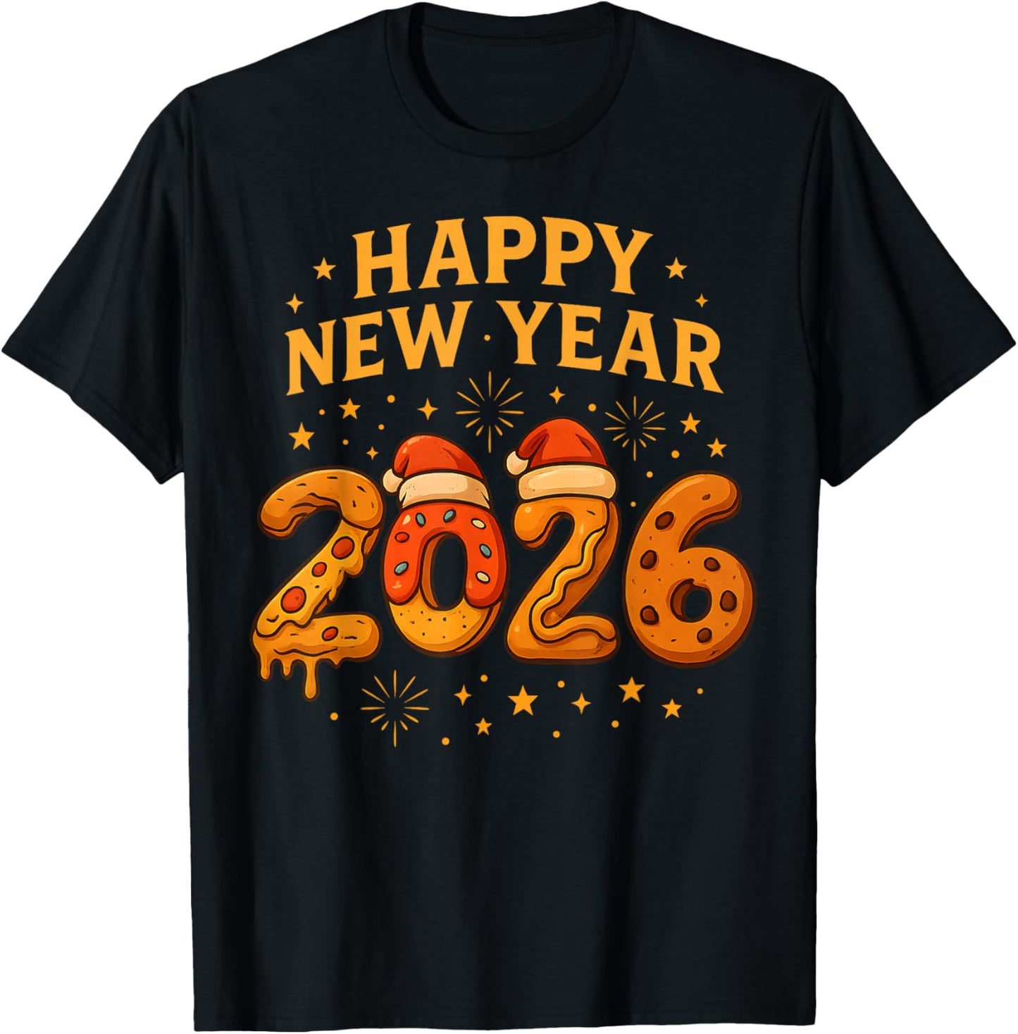 Funny 2026 Happy New Year Food Pizza Donut for Kids Family T-Shirt - T-Shirt | Black