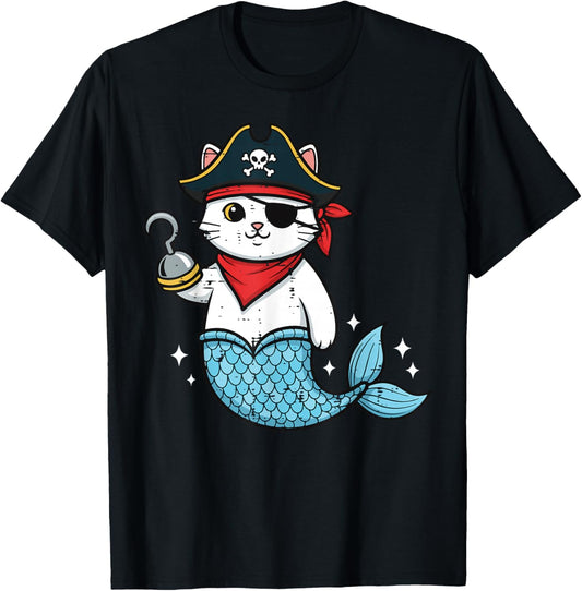 Pirate Cat Mermaid Cute Kitten Kitty Girls Kids Youth Women T-Shirt - T-Shirt | Black