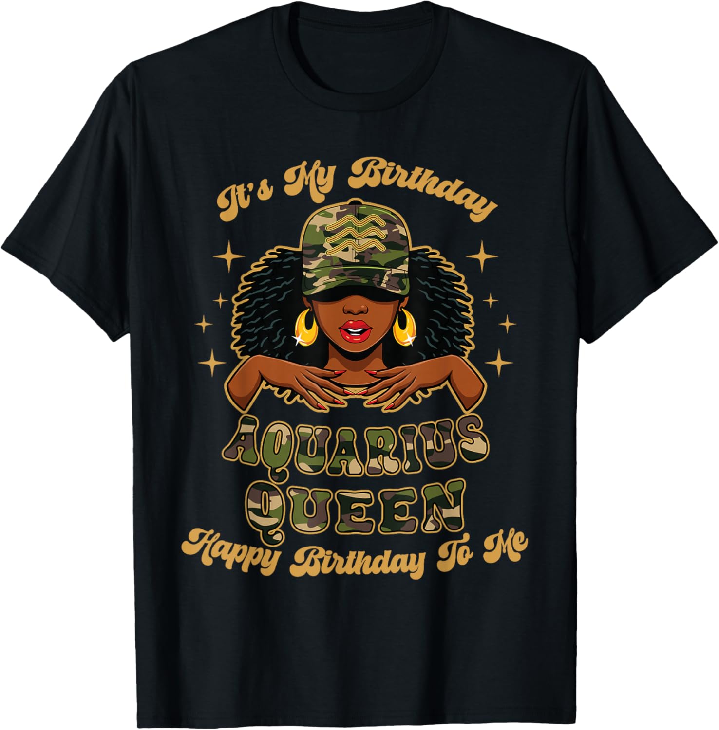 Birthday Aquarius Queen Camo Black Woman African Zodiac Afro T-Shirt - T-Shirt | Black