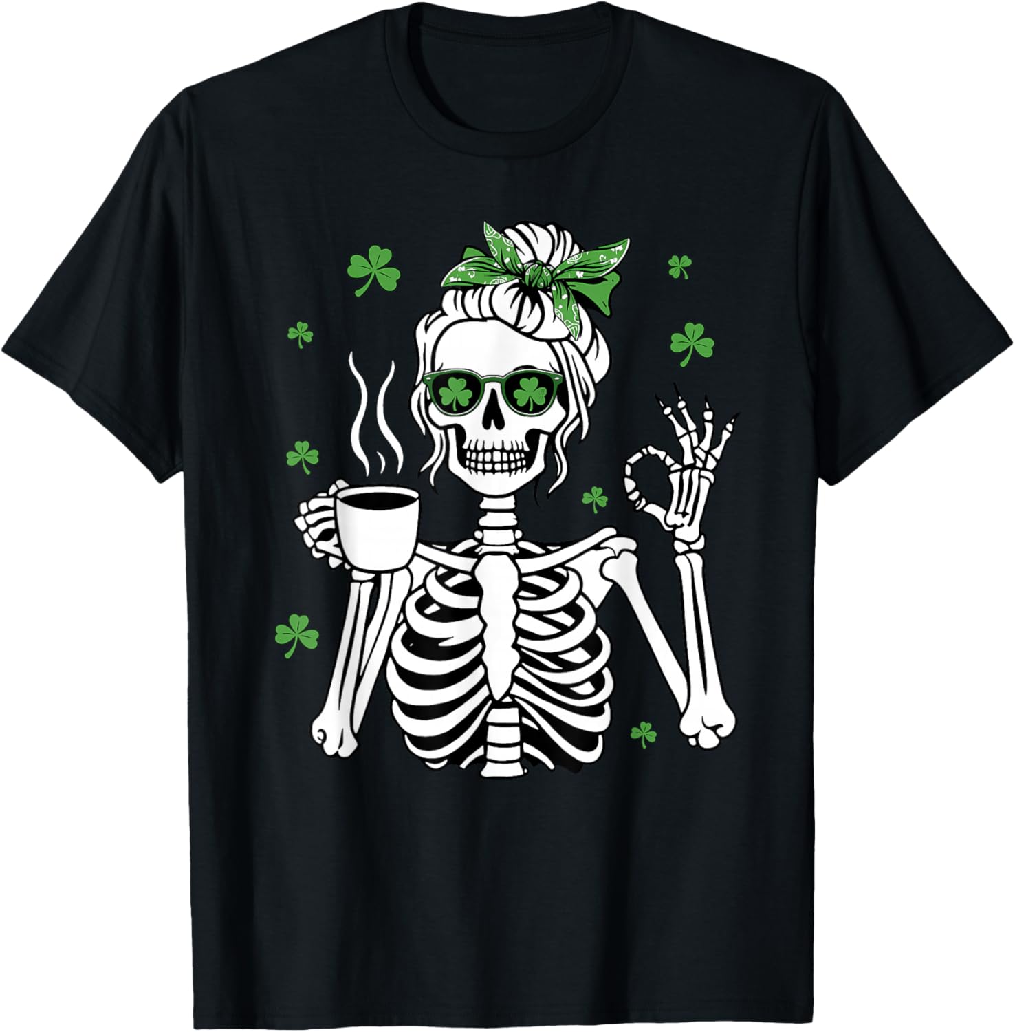 St Patricks Day Skull Messy Bun Peace Women St. Pattys Day T-Shirt - T-Shirt | Black