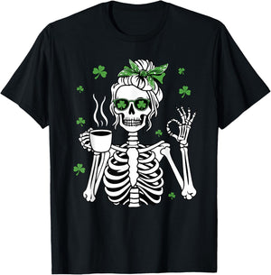 St Patricks Day Skull Messy Bun Peace Women St. Pattys Day T-Shirt - T-Shirt | Black