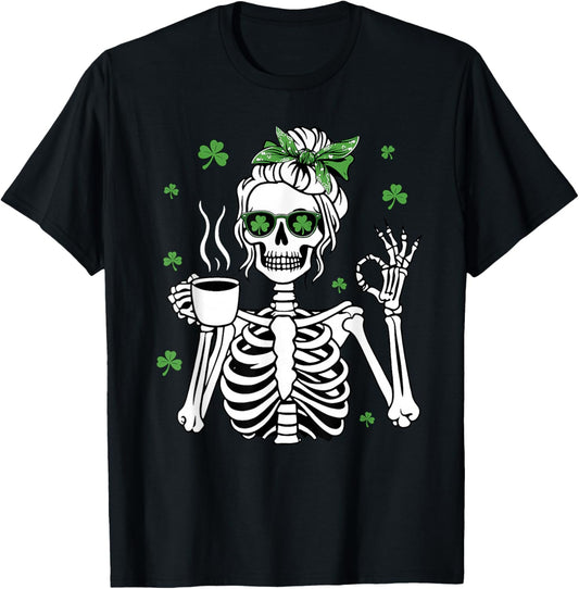 St Patricks Day Skull Messy Bun Peace Women St. Pattys Day T-Shirt - T-Shirt | Black