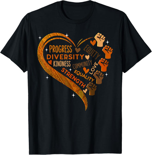 Black History Heart Fists Diversity Equity Melanin African T-Shirt - T-Shirt | Black