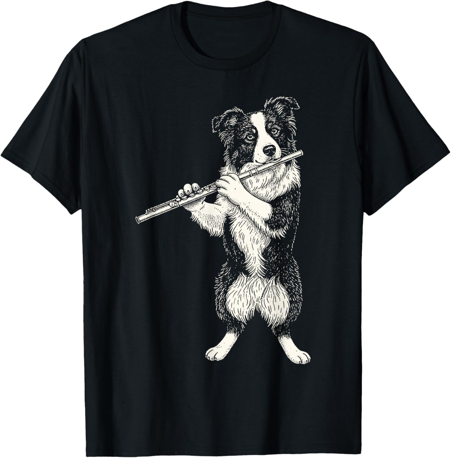 Funny Dog Playing Flute Retro Animal Playing Instrument 90s T-Shirt - T-Shirt | Black