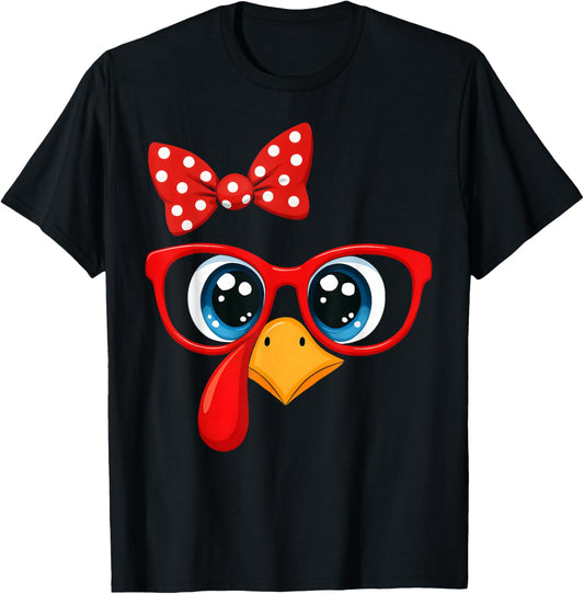 Turkey Face Red Cute Bow Thanksgiving Girl Women Kid T-Shirt - T-Shirt | Black