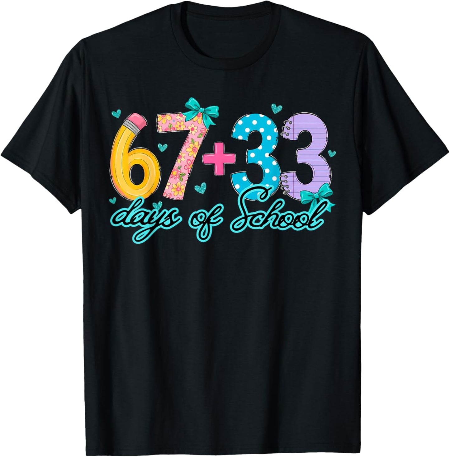 Blue Bow Hearts 67+33 100 Days of School Floral Women Girl T-Shirt - T-Shirt | Black