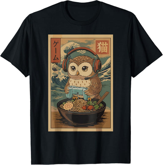 Kawaii Japanese Ramen Owl Retro Gaming Shirts T-Shirt - T-Shirt | Black
