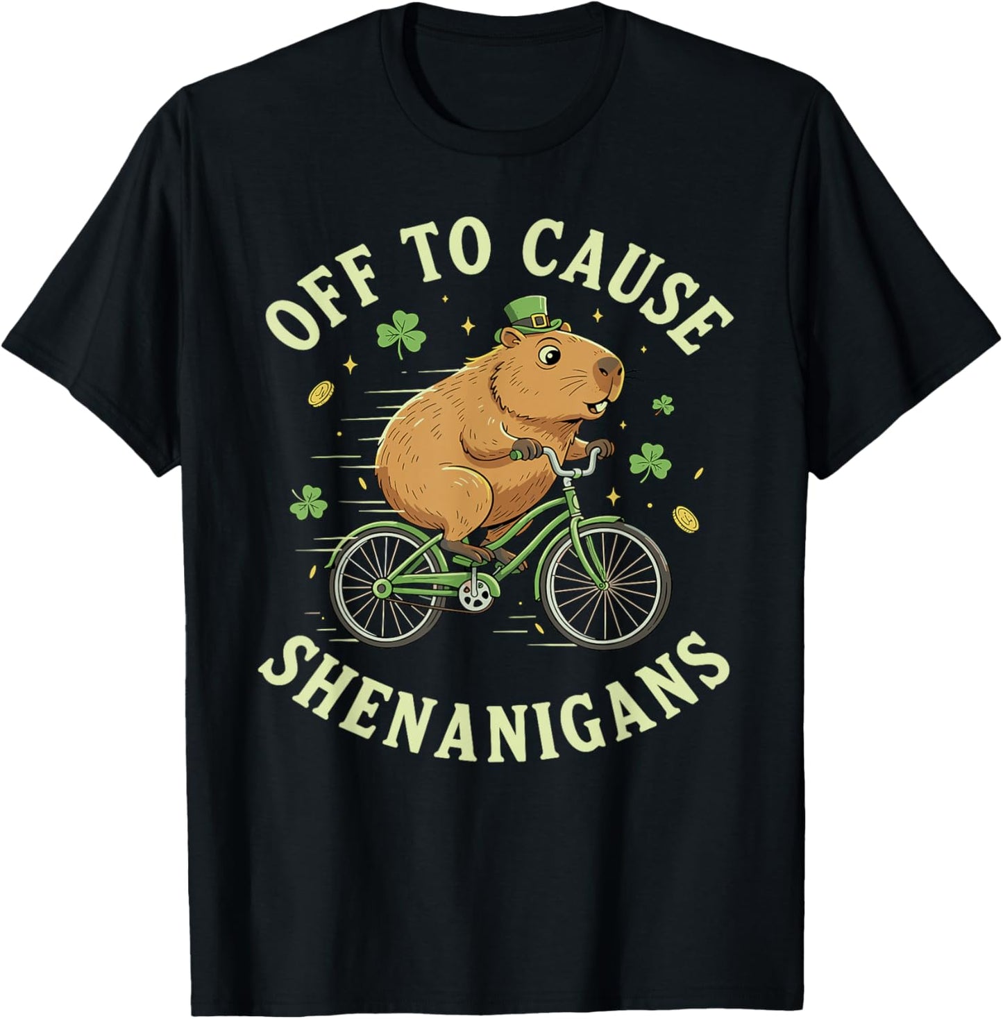 Off to Cause Shenanigans St Patrick’s Day Capybara on Bike T-Shirt - T-Shirt | Black
