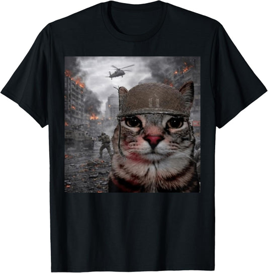 Selfie War Soldier Cat on The Battlefield T-Shirt - T-Shirt | Black
