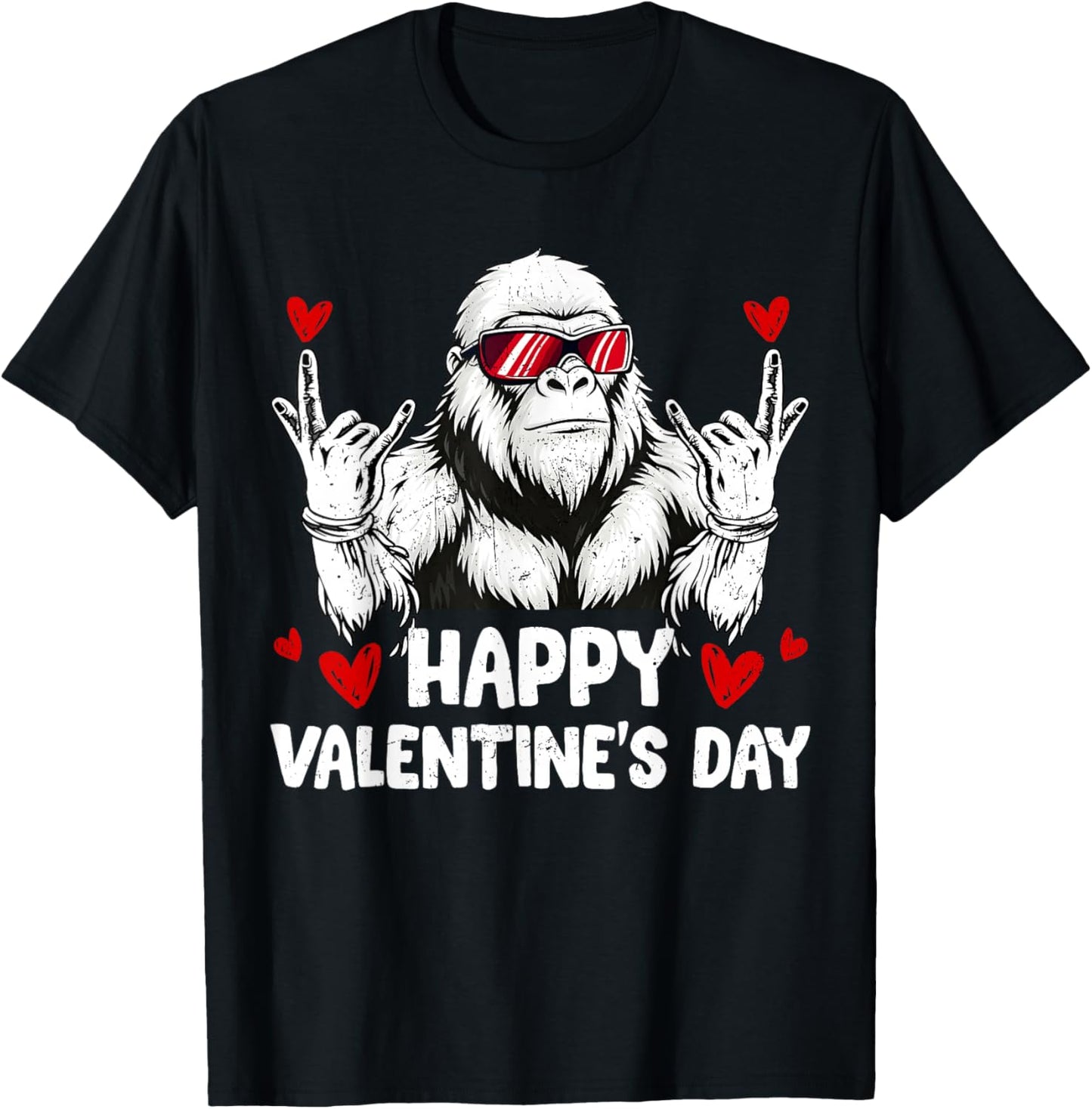 Happy Valentines Retro Bigfoot Rock On Heart Men Outfit T-Shirt - T-Shirt | Black