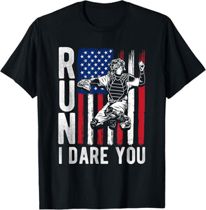 Run I Dare You Funny Baseball Catcher T-Shirt - T-Shirt | Black