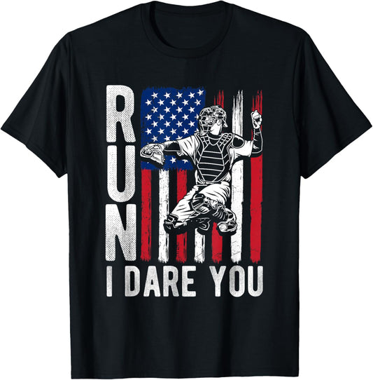 Run I Dare You Funny Baseball Catcher T-Shirt - T-Shirt | Black