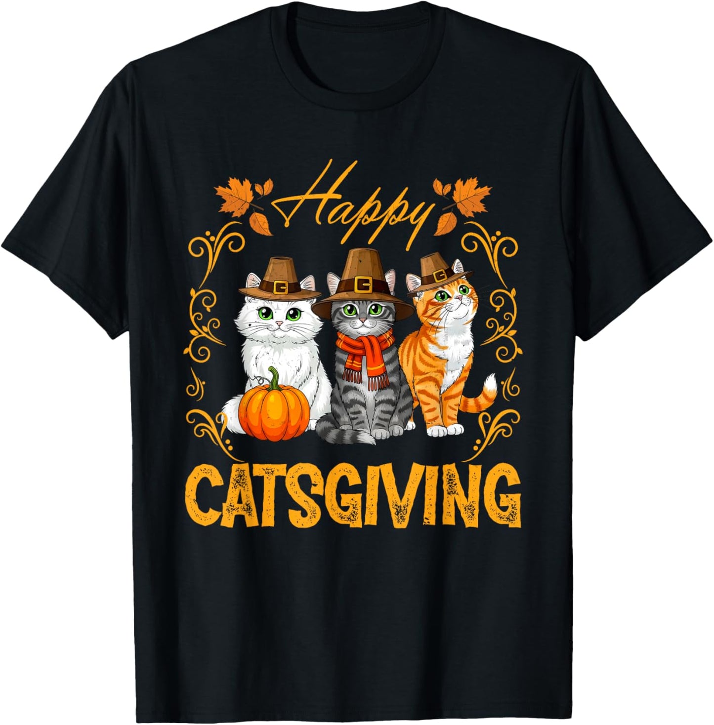 Funny Catsgiving Thanksgiving Cats Pilgrim Fall Holiday T-Shirt - T-Shirt | Black
