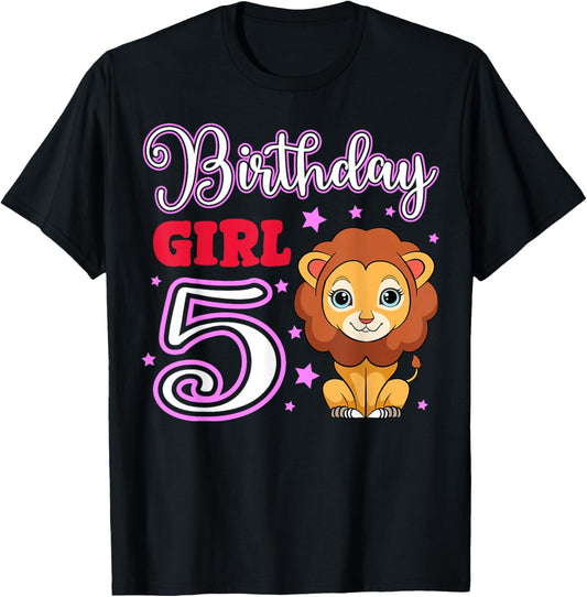 Lion 5th Birthday Girl Party Safari Jungle Zoo Adventure T-Shirt - T-Shirt | Black