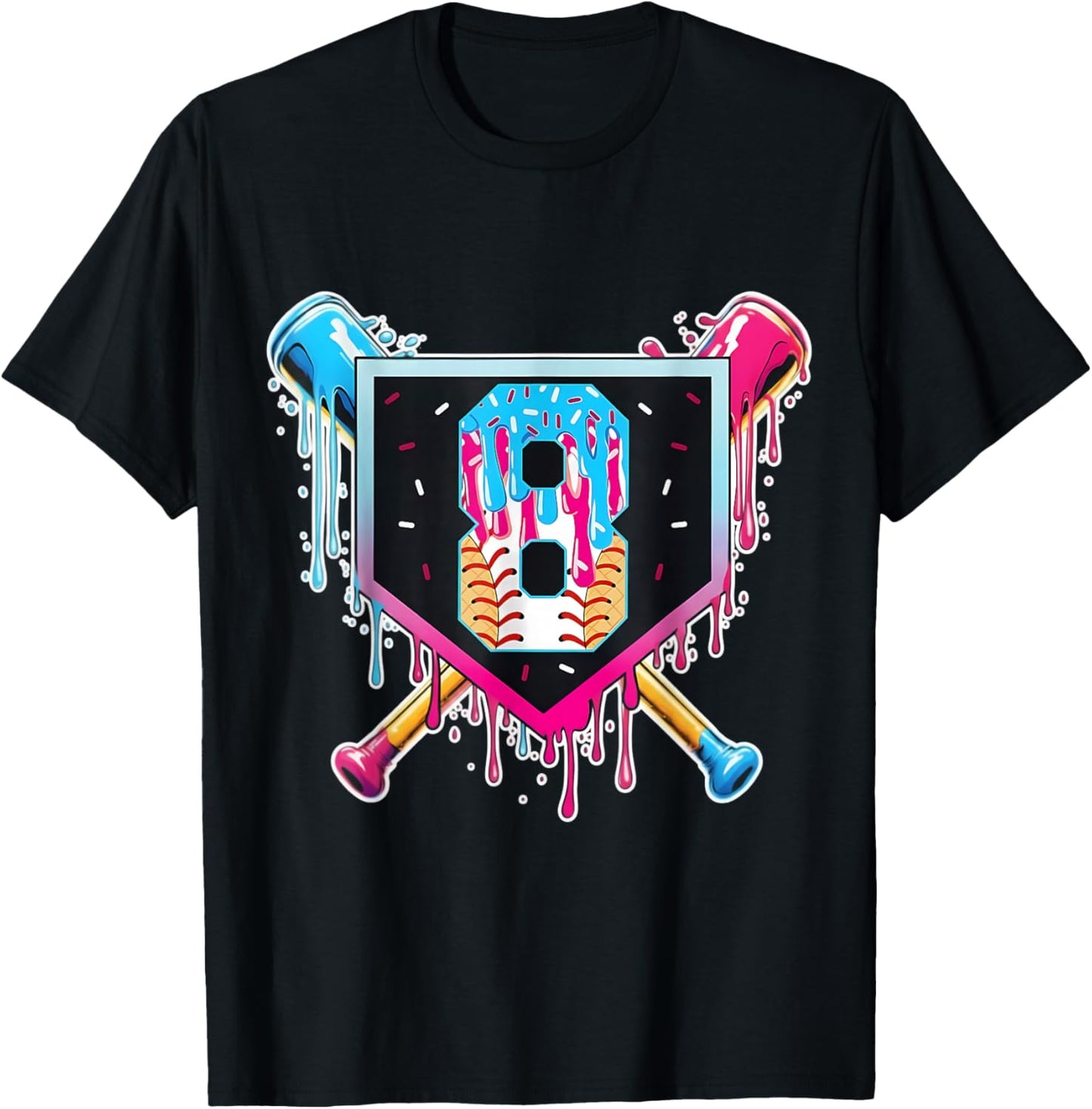 Baseball 8 Year Old Boy Ice Cream Drip 8th Birthday Player T-Shirt - T-Shirt | Black
