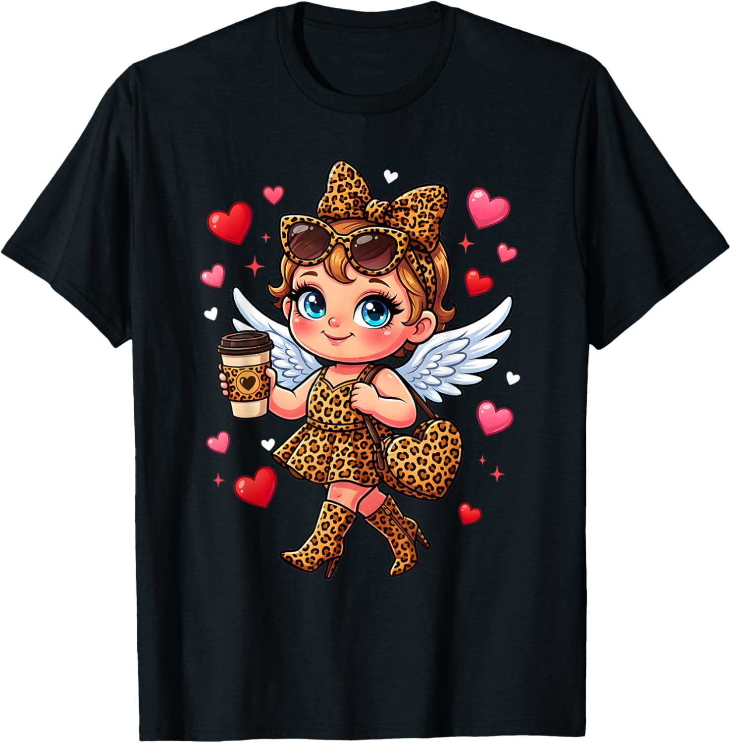 Leopard Cupid Drinking Coffee Valentines Day Women Heart T-Shirt - T-Shirt | Black