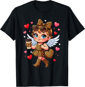 Leopard Cupid Drinking Coffee Valentines Day Women Heart T-Shirt - T-Shirt | Black