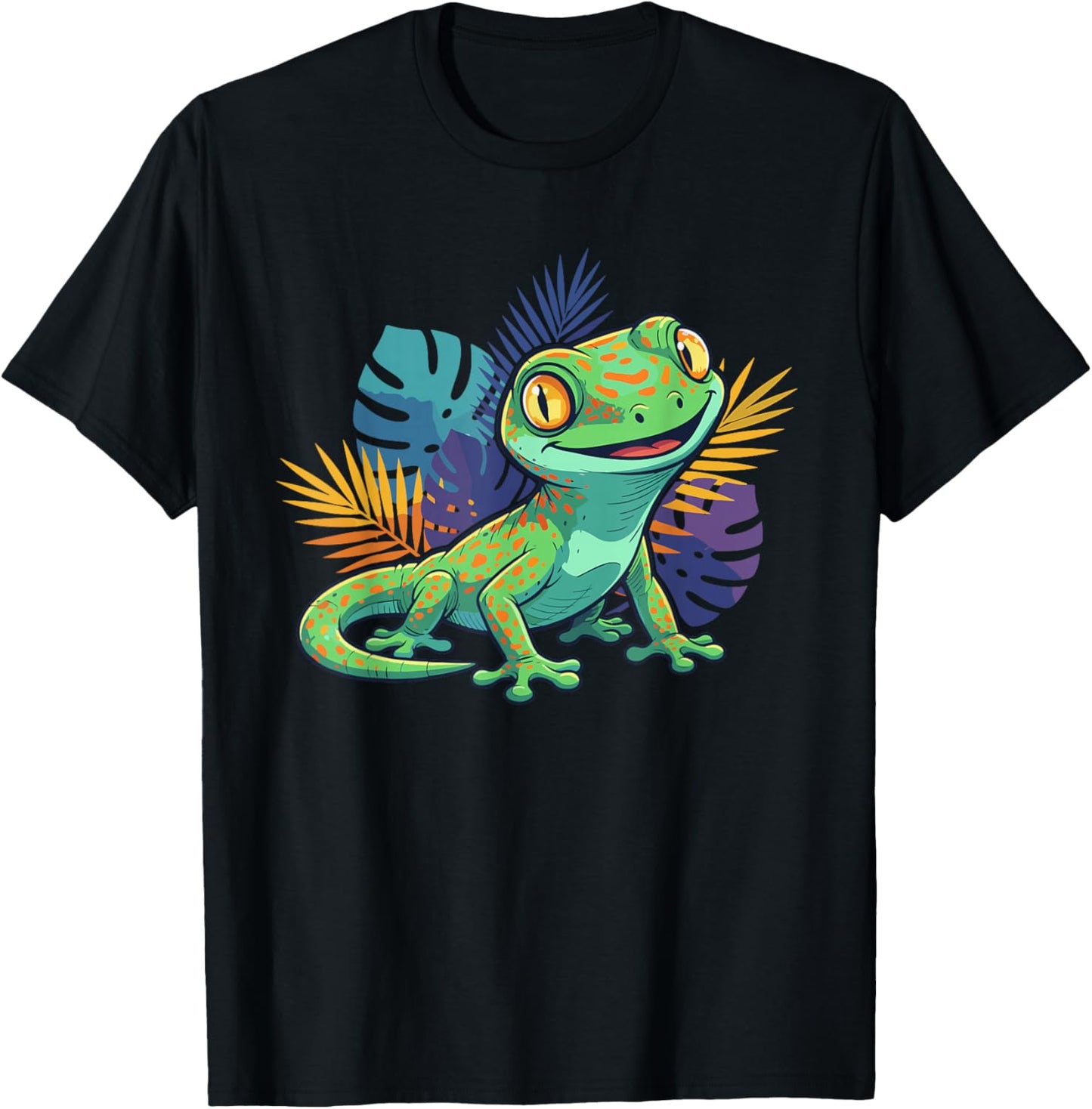 Happy Gecko Lizard with Tropical Leaves Reptile T-Shirt - T-Shirt | Black